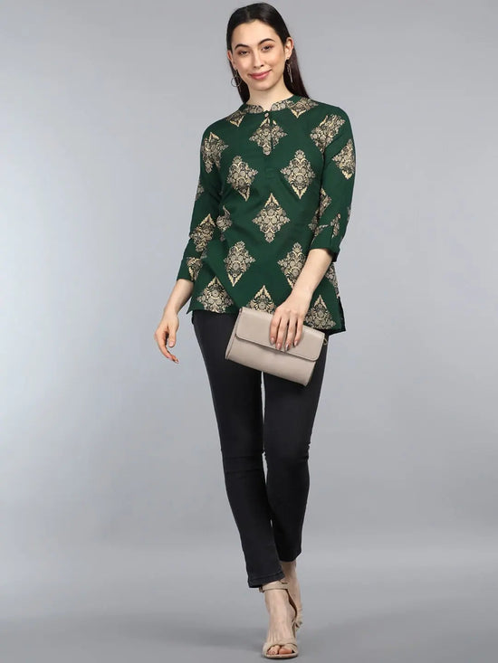 Ahika Green Print Mandarin Collar Top