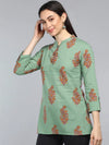 Ahika Green Floral Print Mandarin Collar Roll Up Sleeves Longline Top