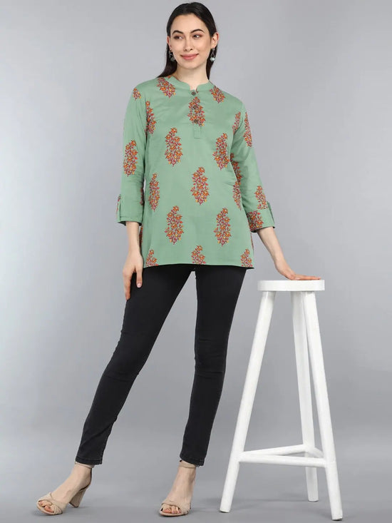 Ahika Green Floral Print Mandarin Collar Roll Up Sleeves Longline Top