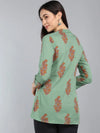 Ahika Green Floral Print Mandarin Collar Roll Up Sleeves Longline Top