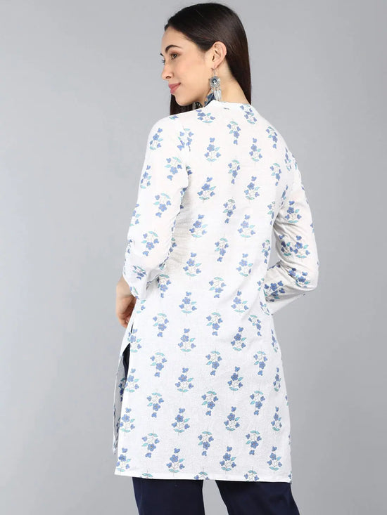 Ahika White Blue Floral Print Mandarin Collar Longline Top