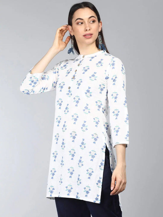 Ahika White Blue Floral Print Mandarin Collar Longline Top