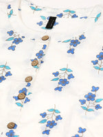 Ahika White Blue Floral Print Mandarin Collar Longline Top