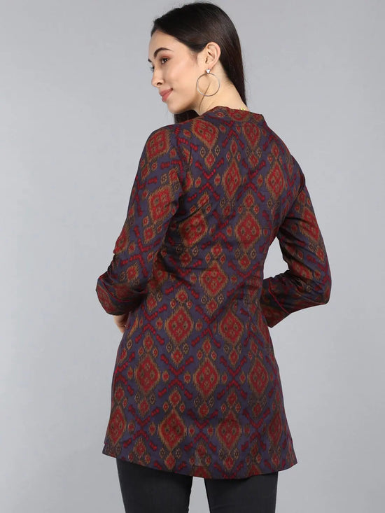 Ahika Blue Print Mandarin Collar Longline Top