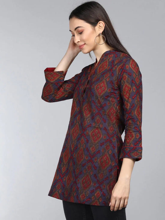 Ahika Blue Print Mandarin Collar Longline Top