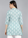 Ahika Green White Print Mandarin Collar Pure Cotton Longline Top