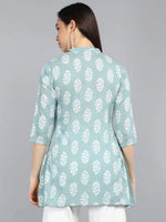 Ahika Green White Print Mandarin Collar Pure Cotton Longline Top