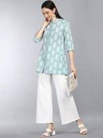 Ahika Green White Print Mandarin Collar Pure Cotton Longline Top