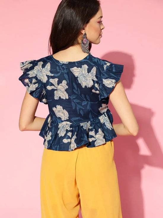 Ahika Blue Beige Floral Peplum Crop Top