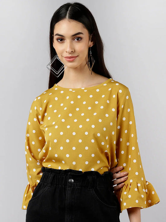 Ahika Women Mustard Printed Polka Dots Tops 1