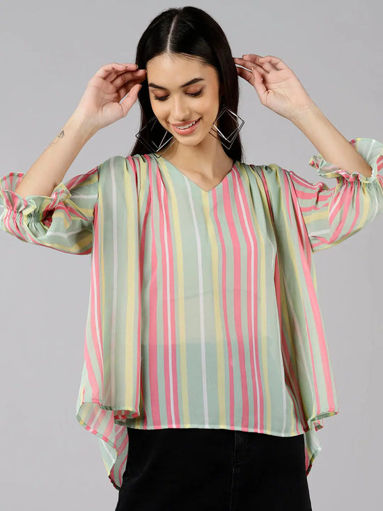 Ahika Women Sea Green Striped Vertical Stripes Tops