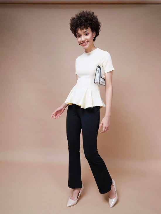 Women Cream Short Sleeves Peplum Top