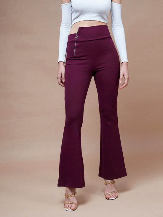 Women Burgundy Side Zipper Bell Bottom Pants