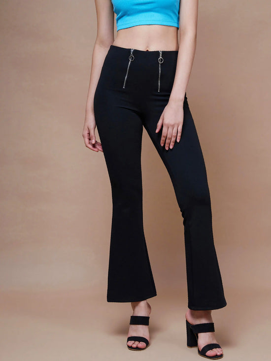 Women Black Front Zipper Bell Bottom Pants