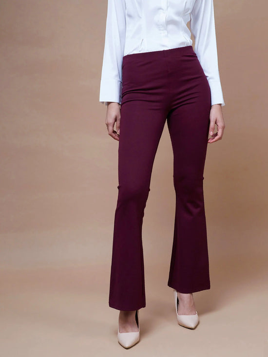 Women Burgundy Bell Bottom 4-Way Stretch Pants