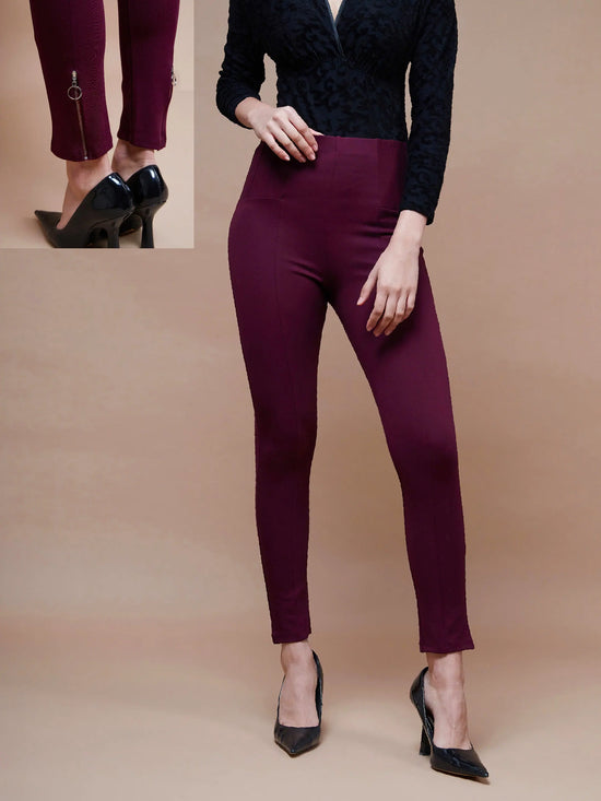 Women Burgundy Bottom Zipper Jeggings