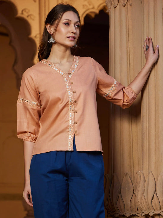 Women Peach Scalloped Embroidered Top