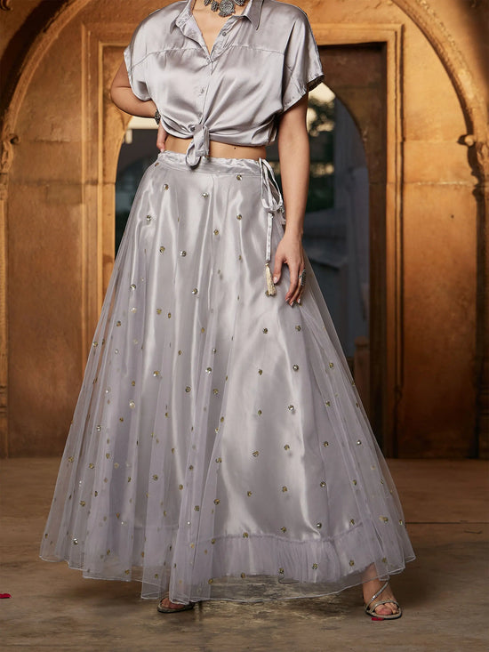 Women Grey Tulle Sequin Anarkali Skirt