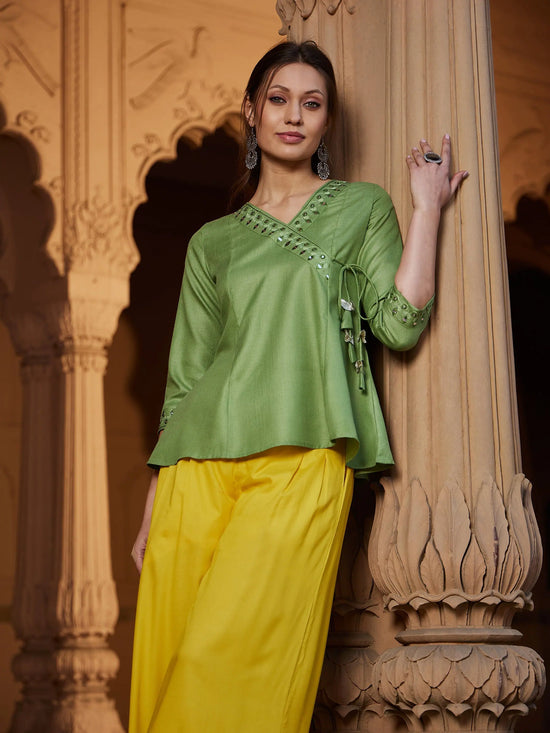 Women Green Embroidered Angrakha Top