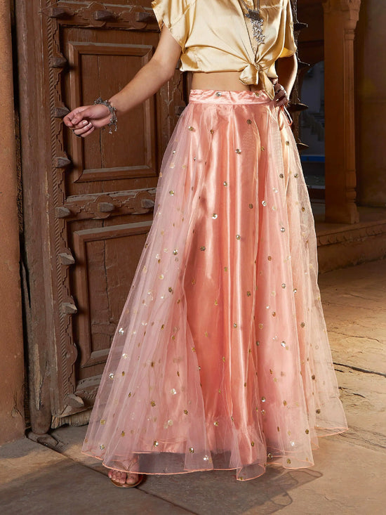 Women Peach Tulle Sequin Anarkali Skirt