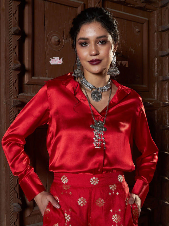 Women Red Satin Regular Shirt