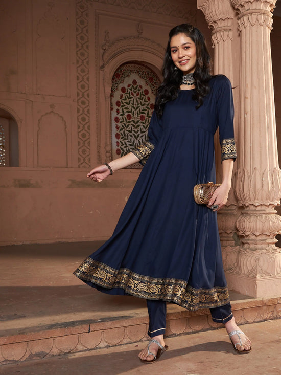 Women Navy Floral Foil Border Anarkali Kurta With Pants