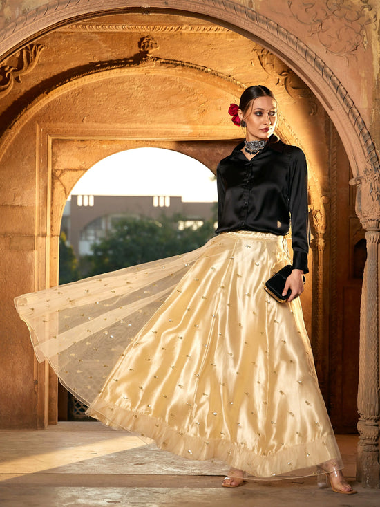 Women Black Satin Shirt With Gold Tulle Sequin Skirt