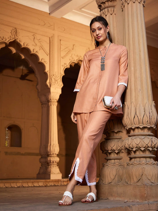 Women Peach Lace Detail Short Kurti With Palazzos