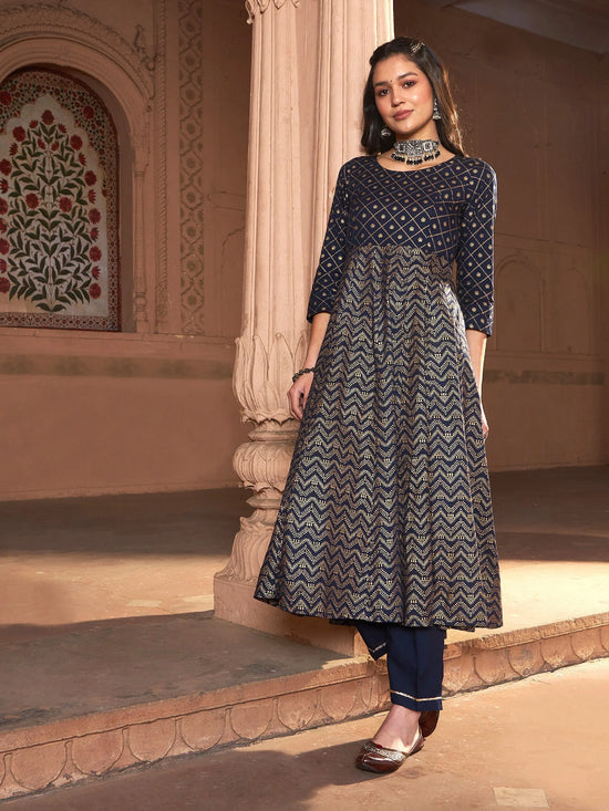 Women Navy Chevron Foil Anarkali Kurta With Pants