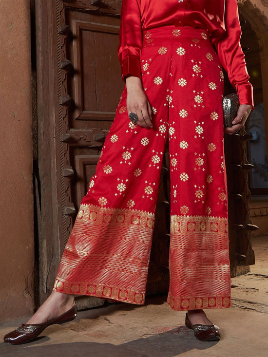 Women Red Brocade Jacquard Palazzos