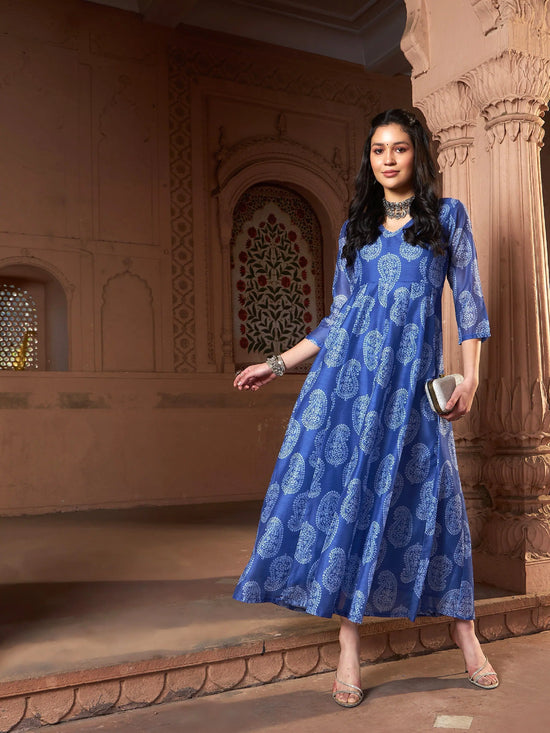 Women Blue Chanderi Paisley Long Anarkali Kurta