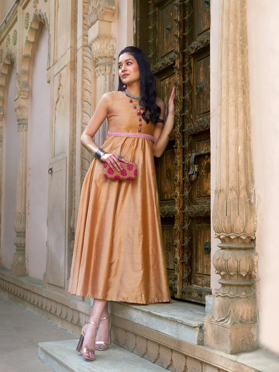 Women Beige Mirror Lace Waistband Long Anarkali Kurta