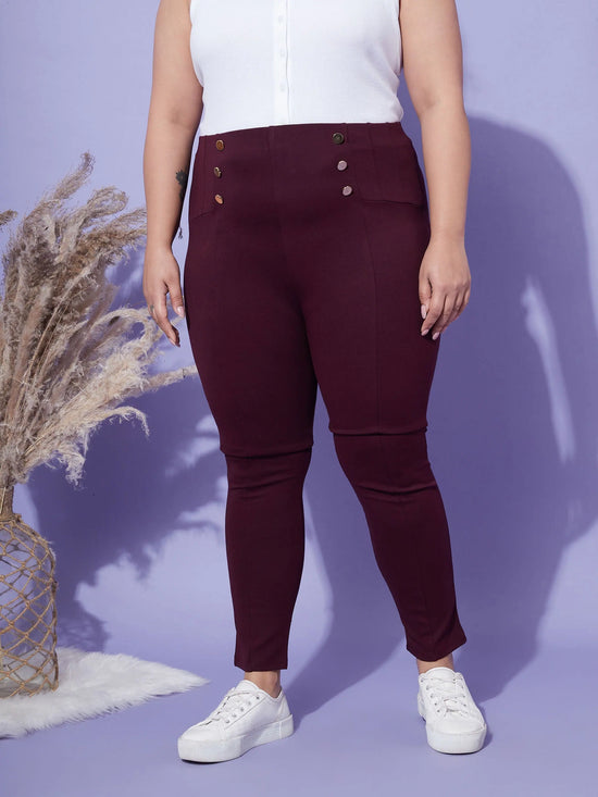 Women Burgundy Show Button High Waist Jeggings