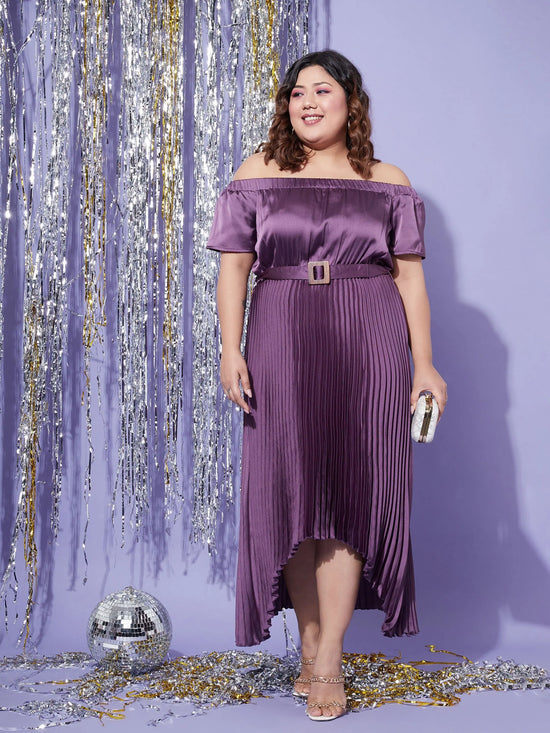 Women Purple Satin Accordion Pleats Bardot High Low Belt Dress