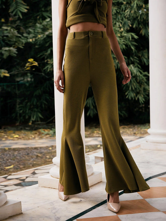 Women Olive Bell Bottom Kick Pleats Knitted Pants