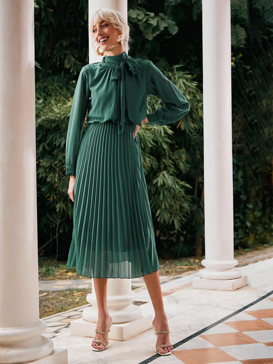 Women Green Tie-Up Neck Accordion Pleated Dress