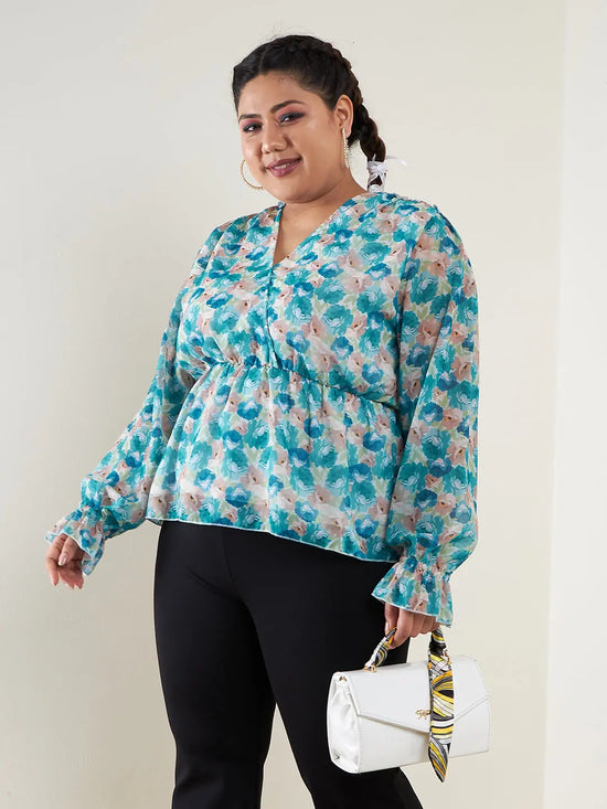 Women Teal Floral Printed Top