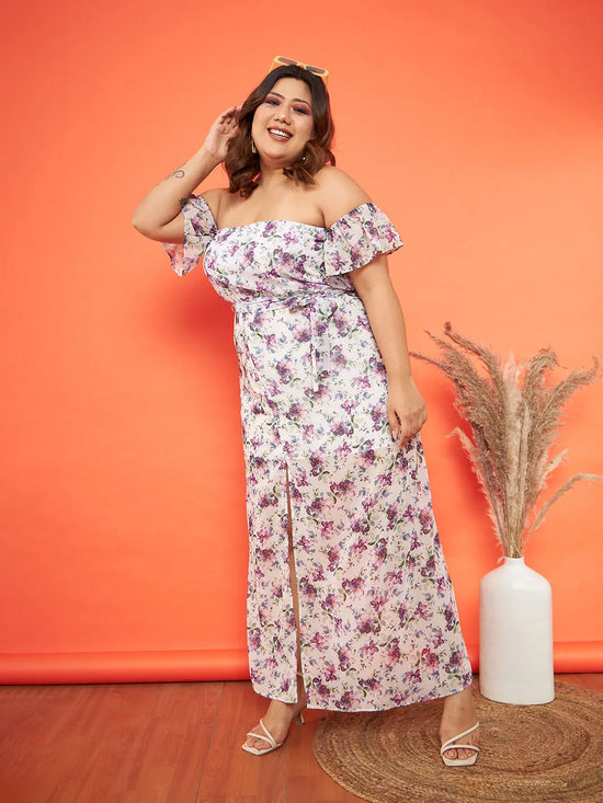 Women White Floral Off Shoulder Belted Maxi Dress