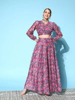 Women Purple Floral Wrap Crop Top With Anarkali Skirt