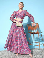 Women Purple Floral Wrap Crop Top With Anarkali Skirt