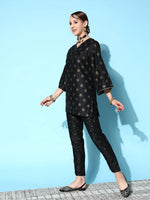 Women Black Cotton Silk Foil Short Kurta With Pencil Pants