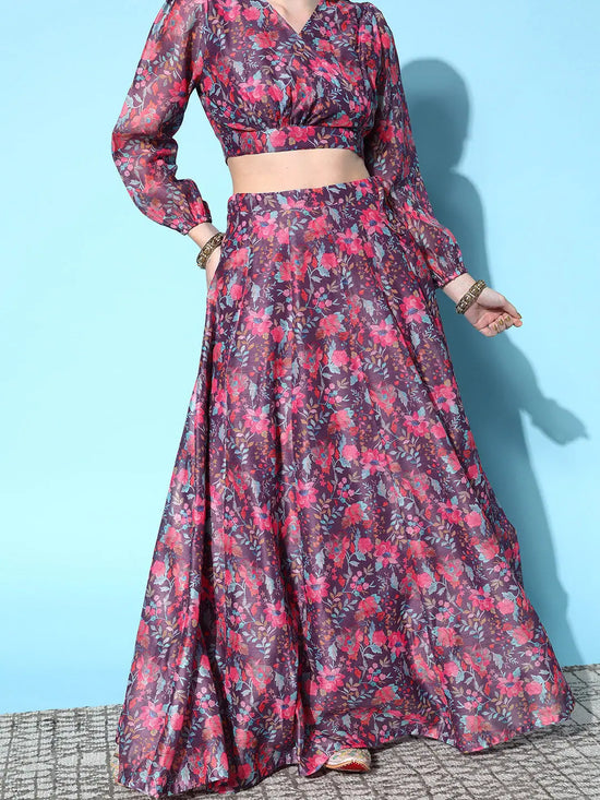 Women Purple Chanderi Floral Anarkali Skirt