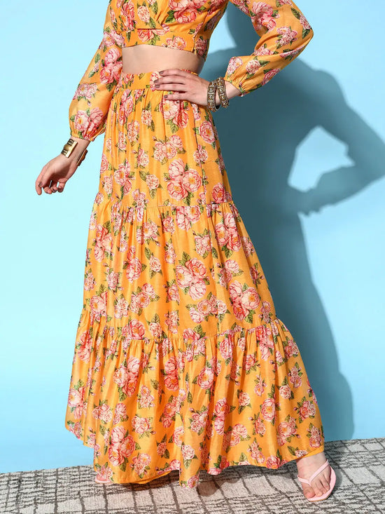 Women Yellow Chanderi Floral Tiered Skirt