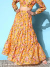 Women Yellow Chanderi Floral Tiered Skirt