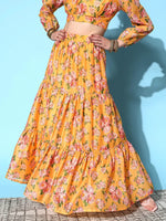 Women Yellow Chanderi Floral Tiered Skirt