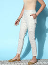 Women Off White Cotton Silk Geo Foil Pencil Pants