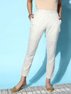 Women Off White Cotton Silk Geo Foil Pencil Pants