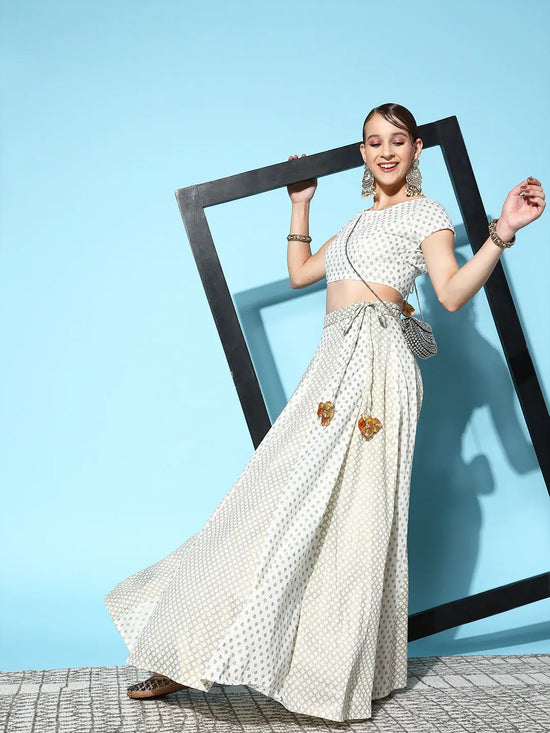 Women Off White Cotton Silk Foil Anarkali Skirt