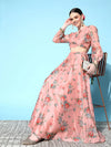 Women Peach Floral Wrap Crop Top With Anarkali Skirt