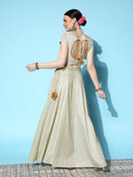 Women Off White Cotton Silk Foil Crop Top With Anarkali Skirt